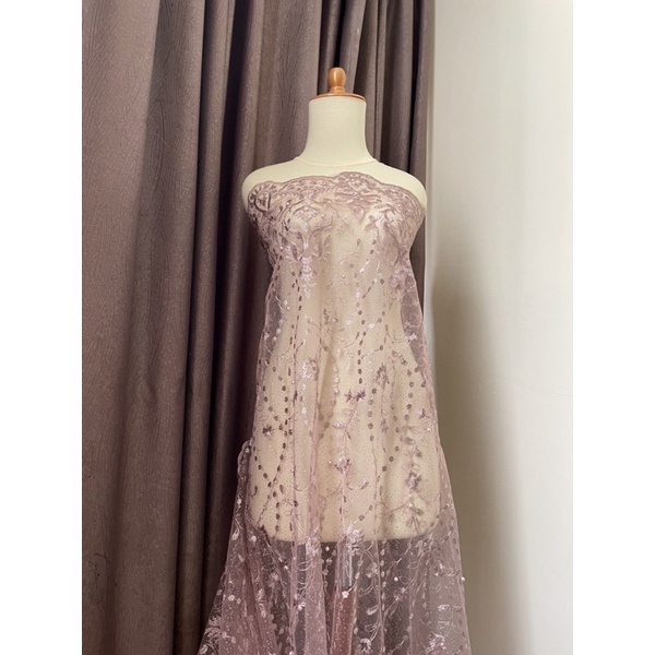 Bahan Kebaya Brokat Tile Bordir Mutiara Rosemary Warna Rose Gold