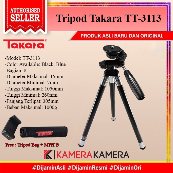 Tripod hp dan kamera Takara TT-3113 Black Tripod Traveller for Camera Action Cam HP