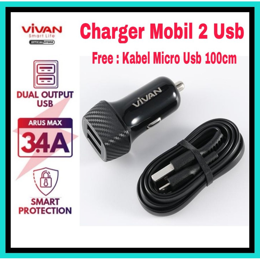 Charger Mobil 2 USB 3A VIVAN - Car Charger 3A Real Output CC02S