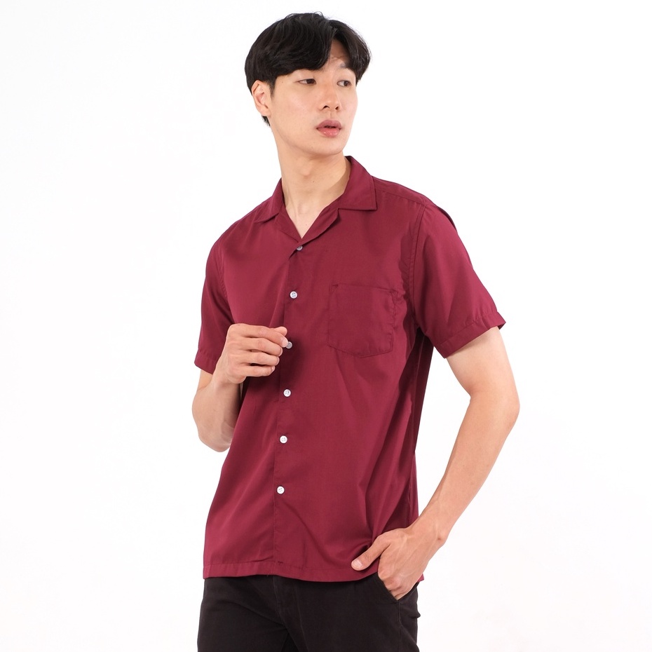 SANVANINA Kemeja Casual Lengan Pendek Polos Marun | Bowling Shirt Maroon  E-1445K