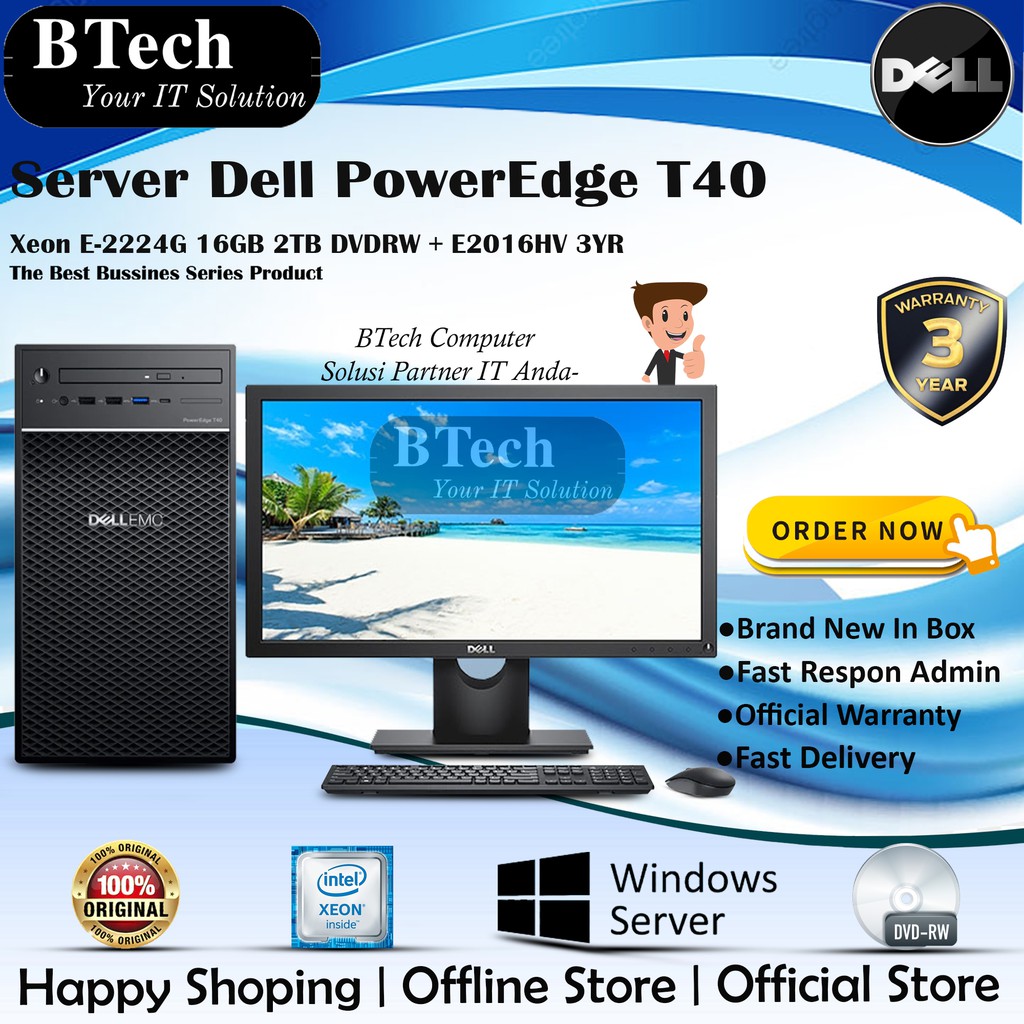 Server Dell PowerEdge T40 Xeon E-2224G 16GB 2TB DVDRW + E2016HV 3YR