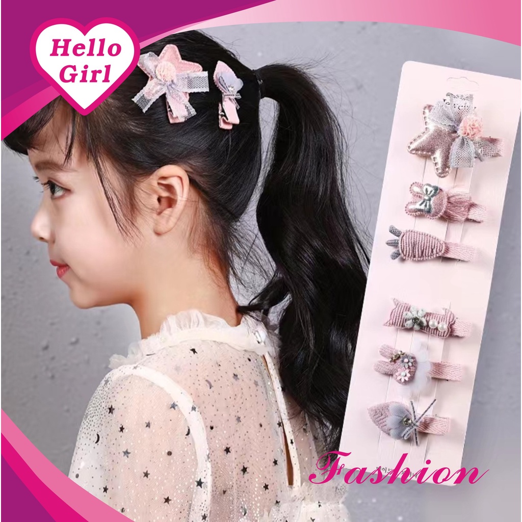 (Hello Girl) F155 Set Jepit Rambut Anak 6 In 1 Set /Jepit Rambut Anak Lucu Gaya Korea Import