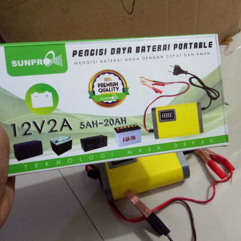 Pengisi Daya Batrai AKI Portable 12v2A Merk Sunpro Kualitas Terbaik