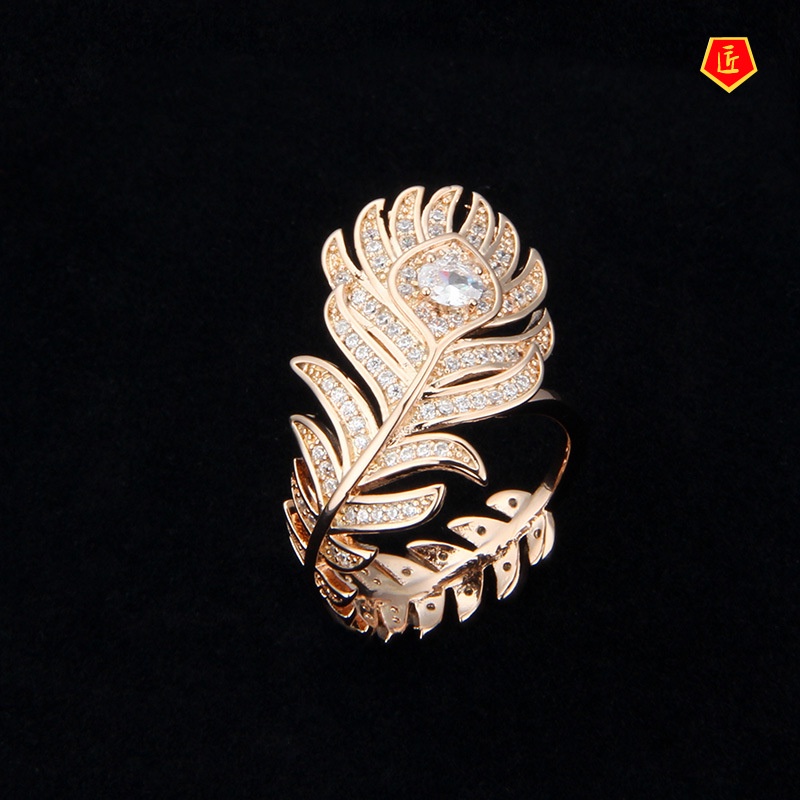 [Ready Stock]Feather Full Diamond Ring Light Luxury Temperament Adjustable