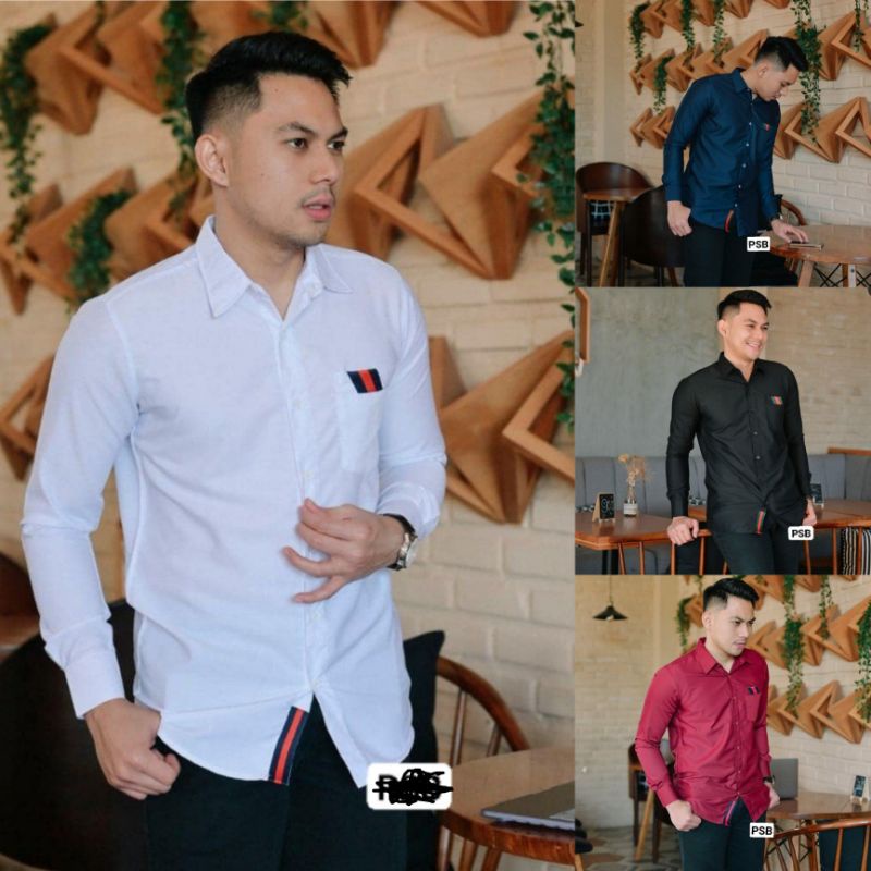 BUY 1 GET 1,kemeja cowok polos lengan panjang slimfit hem pria kantor hitam navy putih maron army