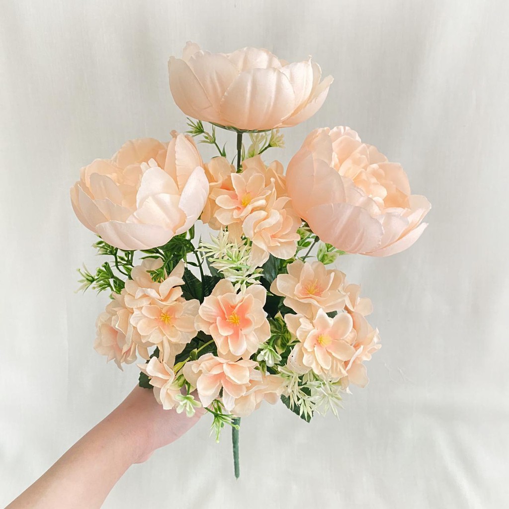 Bunga Peony Ball mix Cherry Blossom X7 (satuan) Bunga Artificial / Bunga Plastik / Bunga Dekorasi-Peach
