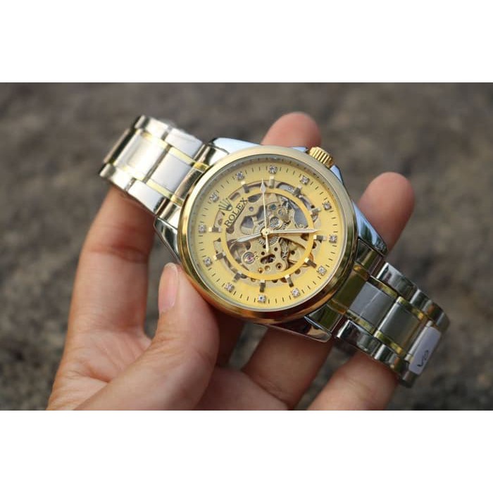 JAM TANGAN PRIA ROLEX AUTOMATIC SKELETON BESAR SILVER GOLD (GOLD)