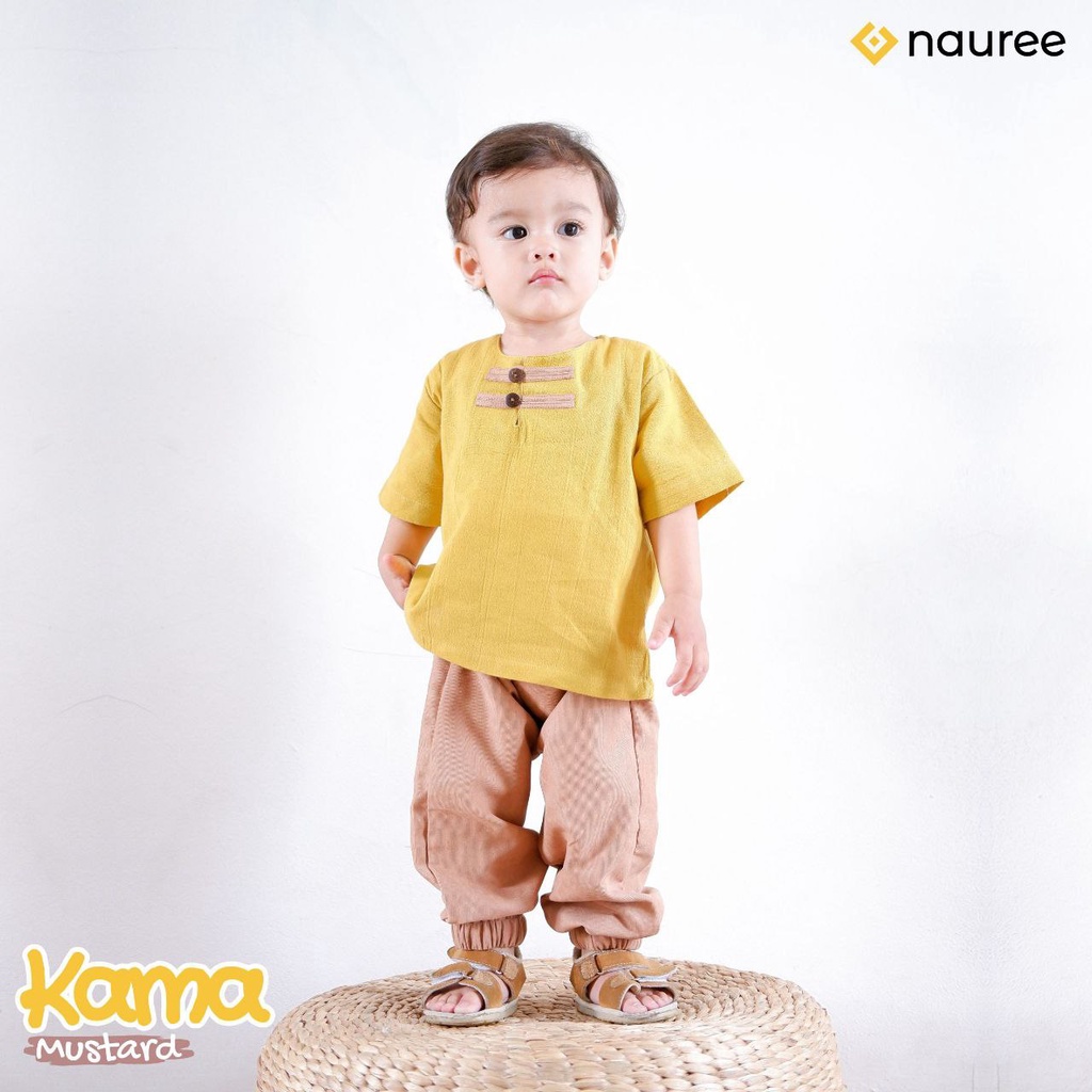 Nauree - Baju Setelan Anak Laki Laki Kama Untuk Usia 1 2 3 4 5 6 7 8 Tahun Warna Mustard Demin Polos Bahan Linen Crinkle &amp; Baby Coduroy Kualitas Premium Untuk Jalan Jalan Lembut Modern Lucu Trendy Murah Jahitan Rapih