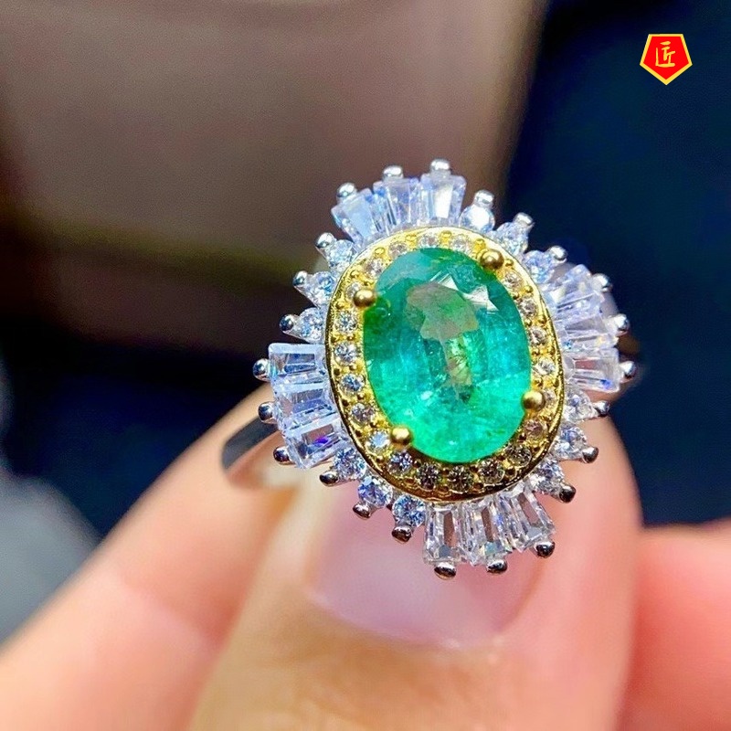 [Ready Stock]Luxury Full Diamond Natural Emerald Ring