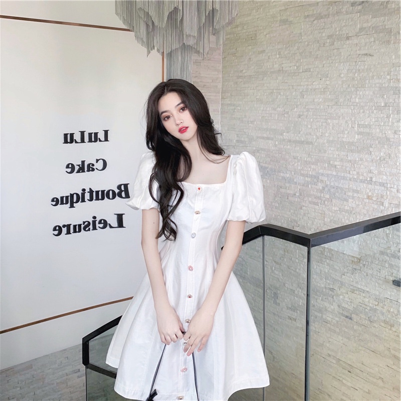 #Sisjuly# Dress Lengan Puff Niche Prancis Putih Wanita