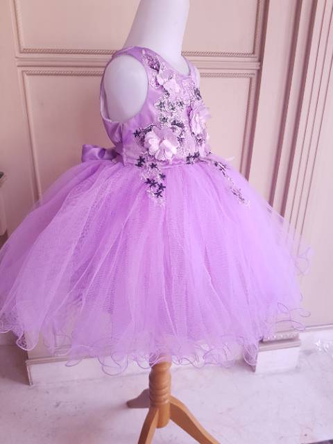 GA2559 PREMIUM ARINA DRESS PURPLE GAUN PESTA ULANG TAHUN ANAK PEREMPUAN UNGU BUNGA PENGAPIT WEDDING