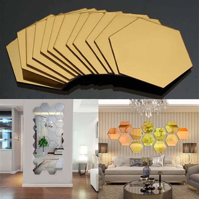 SUPER MURAH 12 PCS BESAR CERMIN KACA  HEXAGONAL MIRROR 