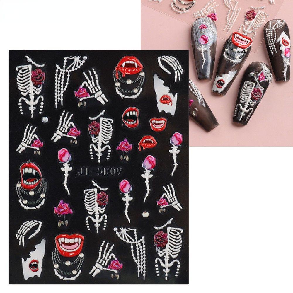 Needway   Kuku Timbul Stiker DIY Darah Horror Mata Mawar Hantu Tulang Kuku Salon Halloween Manicuring Sticker