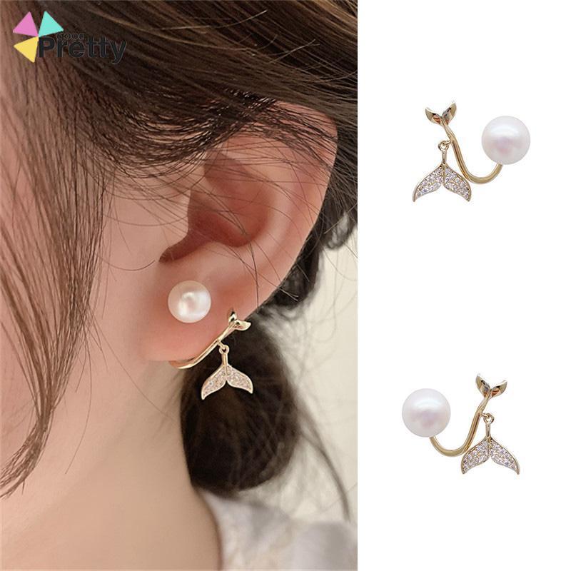 Pearl Fishtail Back Hanging Earrings Wanita High-end Cahaya Mewah Penuh Berlian Anting Geometris - PD