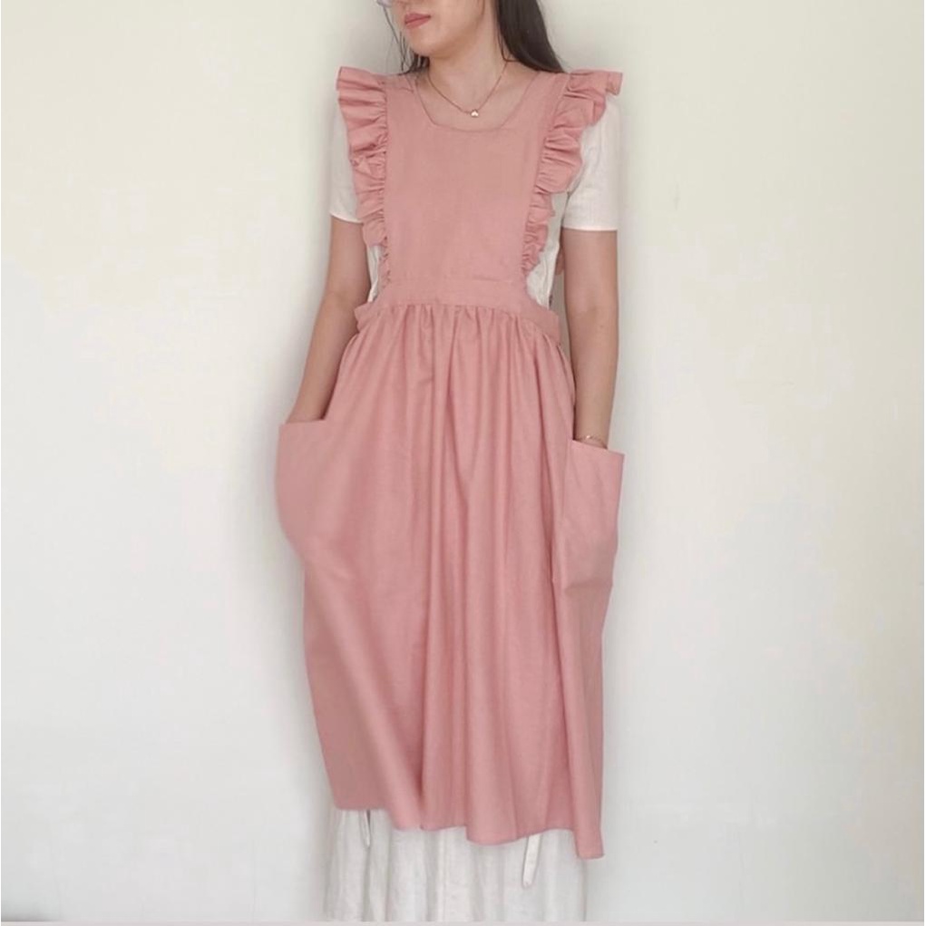 Elle Ruffle Apron / Apron Linen / Celemek Korea Jepang / Pinafore Cottagecore