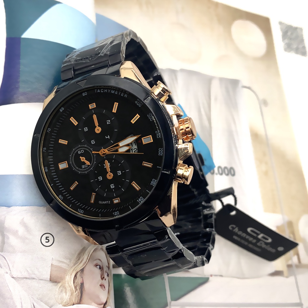 Jam Tangan SUPER MEWAH Pria Anti Air  Chronograph Style - Stainless - Tanggal Aktif - Ring rose Gold