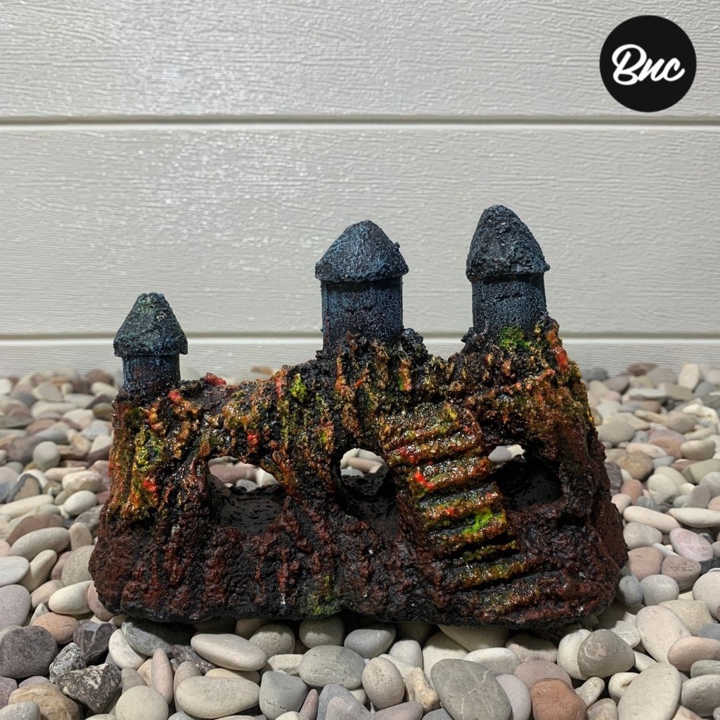 Hiasan Aquarium Ornamen Aquascape Batu Cadas Kastil Castle Semen Bukan Resin Fiber Kuat Tahan Lama