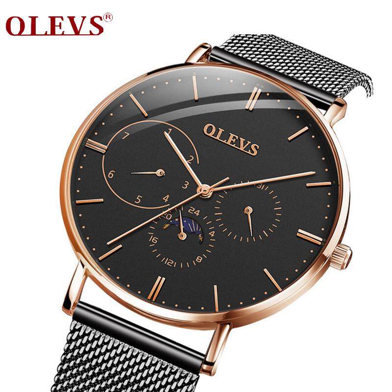 NEW OLEVS Jam Tangan Kuarsa Mewah Pria, Arloji Merek Mewah Ultra Tipis Tali Jala, Jam Tangan Kulit B