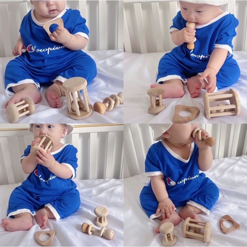 Wooden Baby Rattle Toy Montessori Teething Ring Log Geometric Grab Toy Set mainan genggam bayi