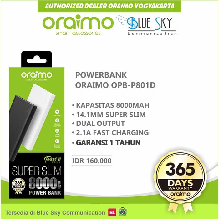POWERBANK PORTABLE 8000MAH ORAIMO OPB-P801D SUPER SLIM MINI DUAL USB