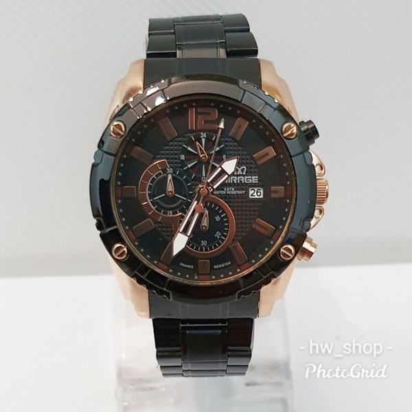 Jam Tangan Pria Mirage Original 8714 Hitam Rosegold Stainless Steel 3ATM