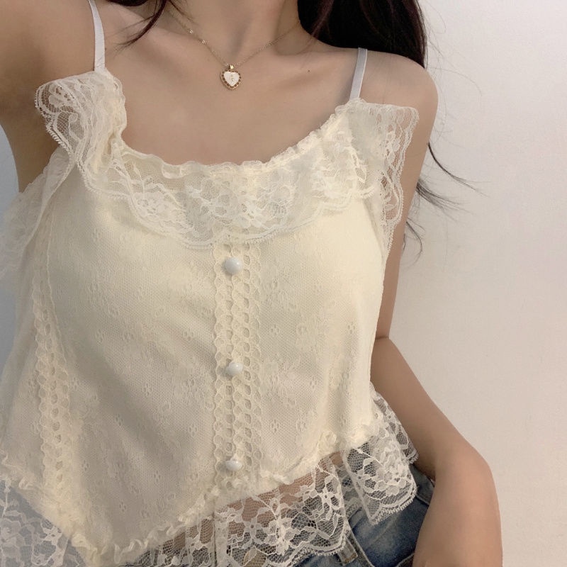 Renda tepi jahitan kamisol putih wanita musim panas gaya Perancis desain dalam gadis kecil hot luar top pendek