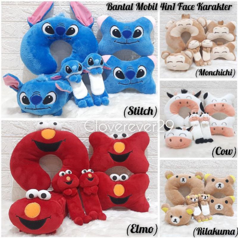 Bantal Leher karakter Face & Bantal Headrest Mobil 4in1 accessories mobil