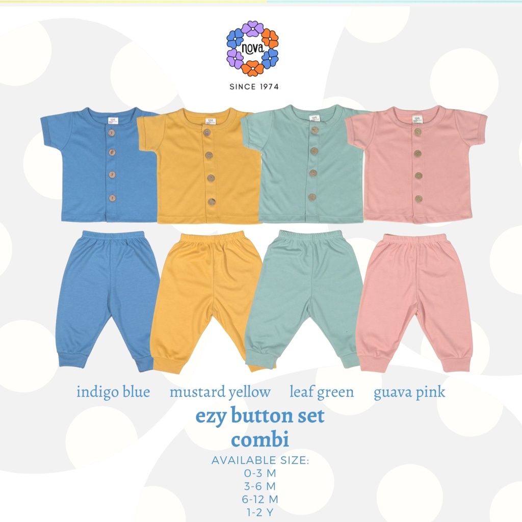 Nova Baby Ezy Button Set Combi Setelan Pendek Panjang Kancing Tengah Polos Bayi 0 - 2 Tahun