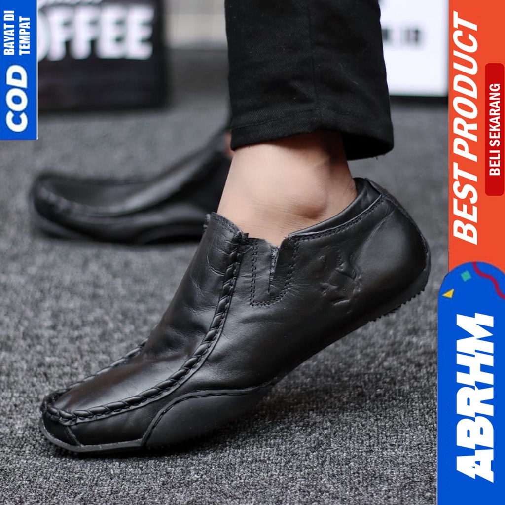 Sepatu Formal Pantofel Kulit Asli Kerja Pria Hitam ABRHM ELIF