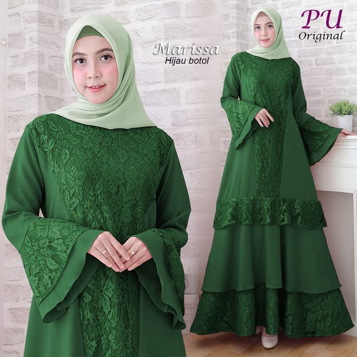 NISSA SABYAN  Gamis pesta maxi marissa hijau botol dress brukat xl baju lebaran