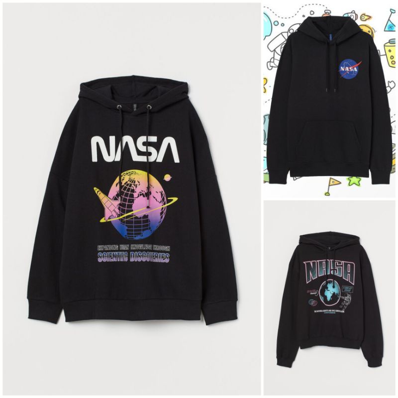 Hoodie Jaket Sweater Crewneck Pria Wanita HnM H&amp;M Nasa World Black / Nasa Scientific / Nasa Space Travel Hitam Full Tag