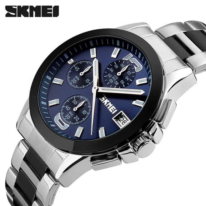 Jam Tangan Pria Original Cowok Elegan SKMEI 9126 Biru Formal Rantai Anti Air Jarum Jam Water Resist