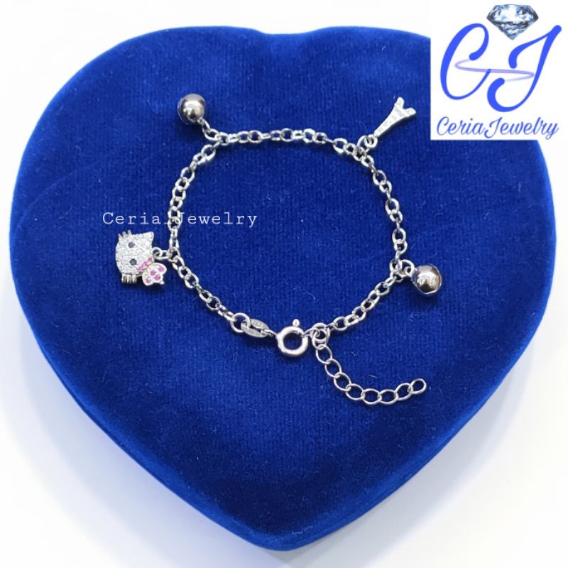 Gelang anak Perak Asli Silver 925 Lapis Emas Putih Model Hellokitty - Perhiasan Perak