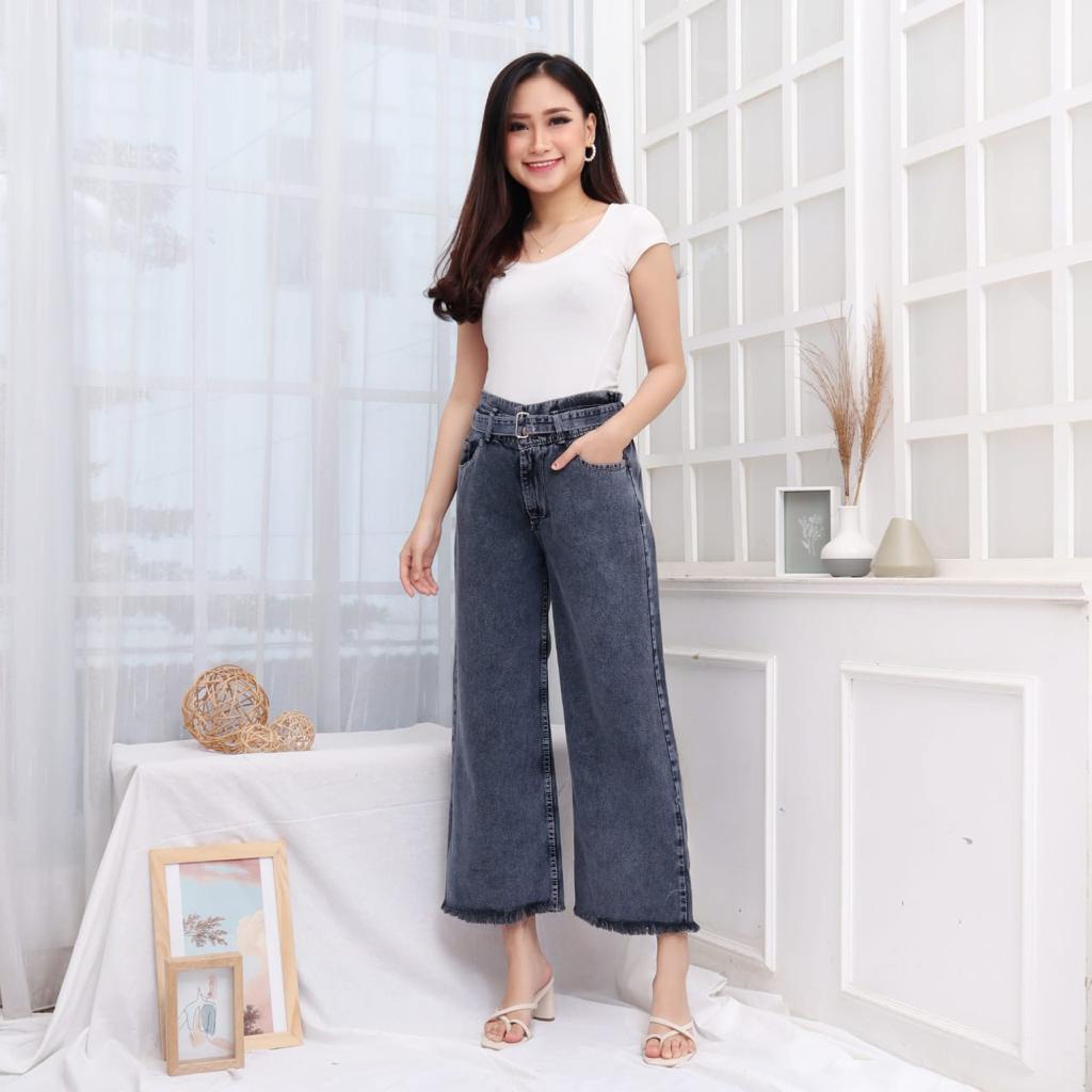 HOPYLOVY SALE Celana Kulot Jeans Wanita Highwaist Jeans Washed Free Belt BF Rawis Tanisa