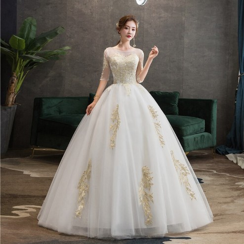 Gaun Pengantin Setengah Lengan sexy O Leher Putri Illusion Gold