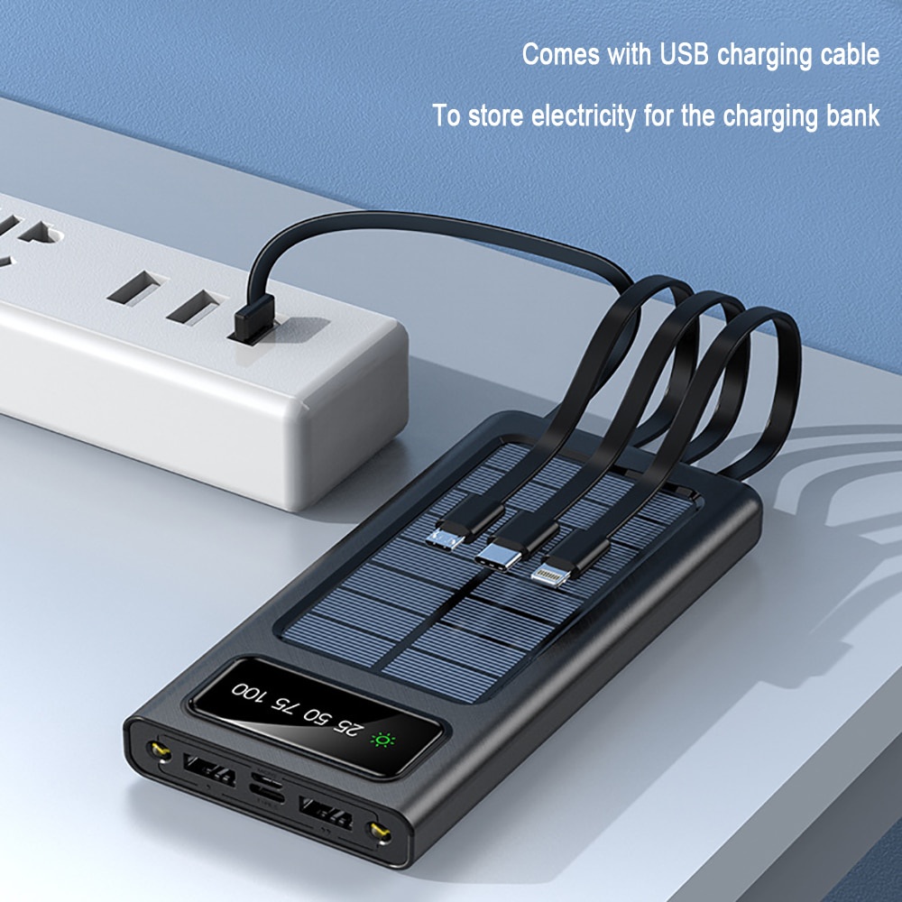 Power Bank 20000mAh Tenaga surya matahari Solar panel 2 Port Micro Lightning Type C Build in cable Solar Power Bank 20000mAh With Its Own Charging Cable Outdoor Powerbank External Battery Portable Charger Auxiliary Battery