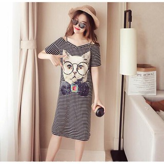 Dress Kaos  Panjang Model Korea  Motif Print Kucing Ada 