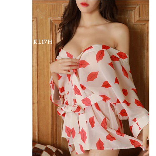 [PALING LARIS] LINGERIE SEXY BAJU TIDUR KIMONO LINGERIE KIMONO CREAM MOTIF KISS KL17H