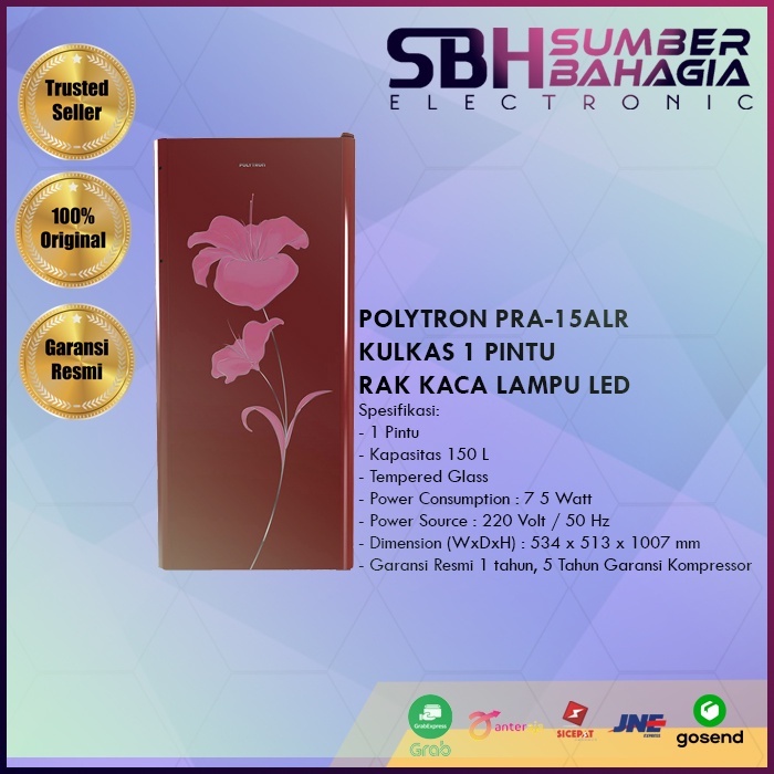 POLYTRON PRA-15ALR KULKAS 1 PINTU RAK KACA LAMPU LED (NEW) (KHUSUS BANDUNG)