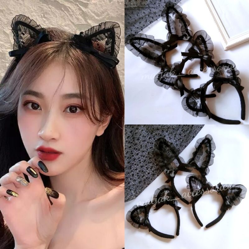 Bando Kucing Kelinci Wanita Renda Pita Hitam Bando Korea Handmade cosplay