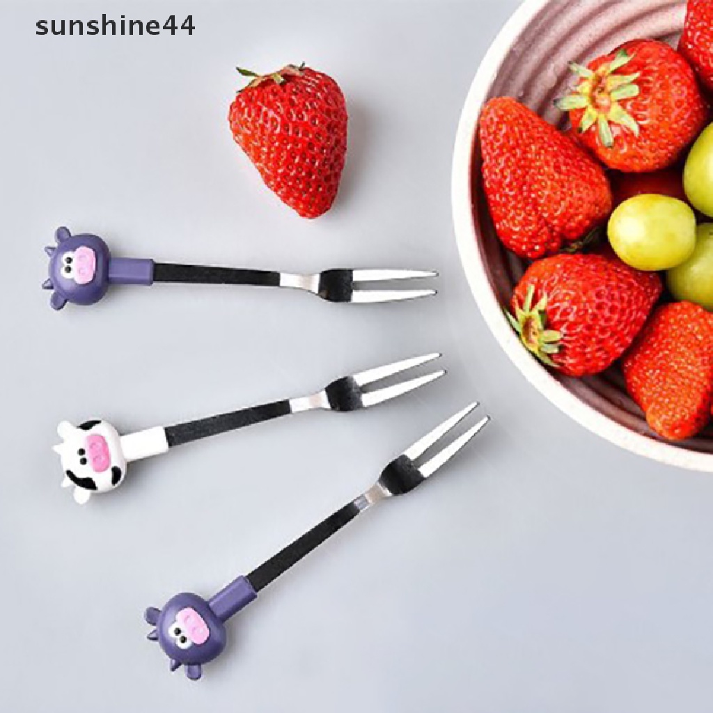 Sunshine 6Pcs / Set Garpu Buah / Dessert Desain Kartun Lucu Bahan Stainless Steel Dengan Holder