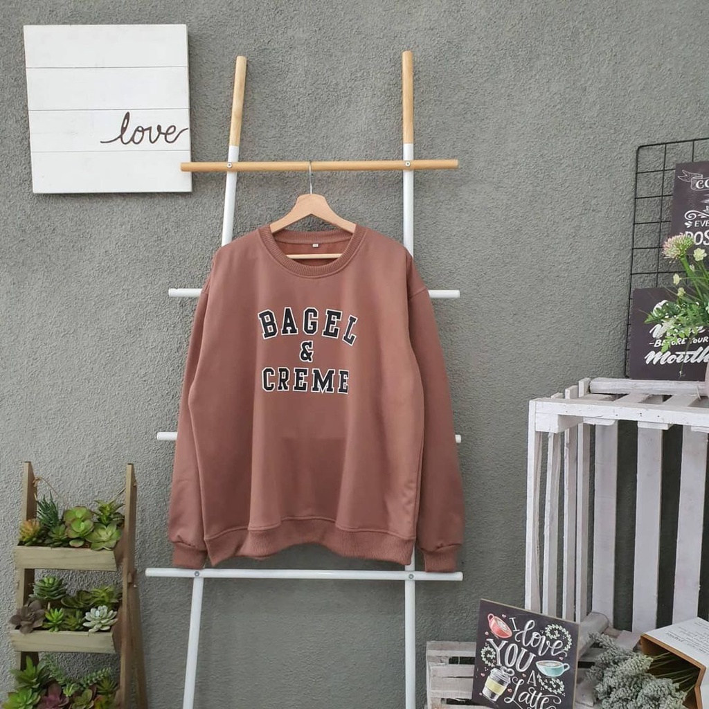 Sweater Bagel &amp; Creme Sweatshirt Crewneck Oversize Bahan Fleece