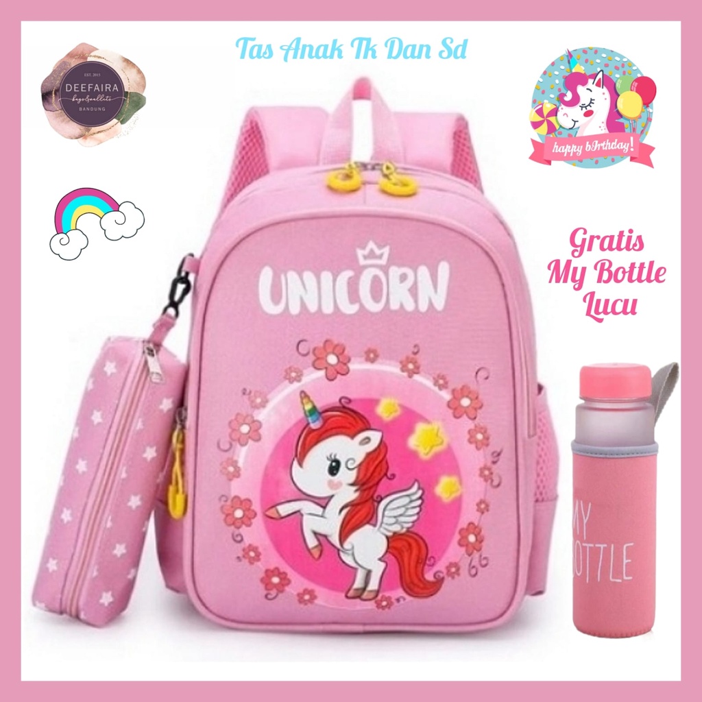 Tas Sekolah Anak Motif Un1q0rn Pelangi Free My B0ttle Dan Tempat Pensil Untuk Anak Tk Paud SD