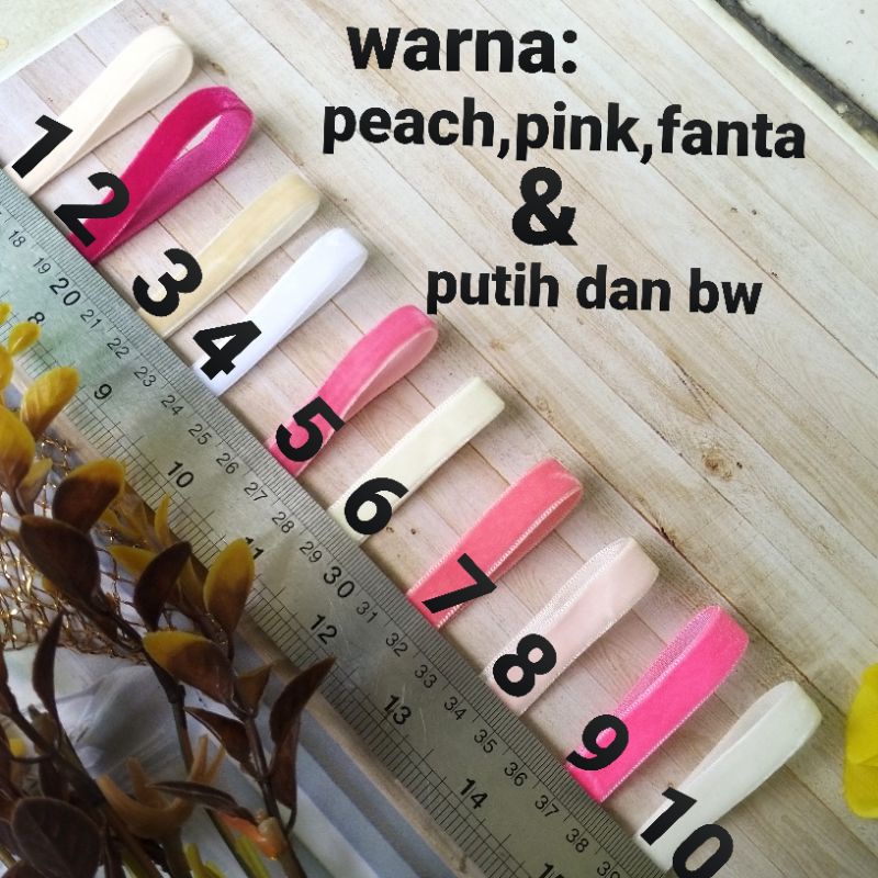 

per meter,pita bludru warna muda lebar 1 cm