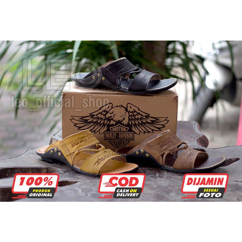 Sandal Kulit Harley Davidson Full Up Kulit Gosok Sendal Kulit Asli Pria Sandal Slop Casual / Sendal Jepit Herley Slide Hitam Coklat - SH03