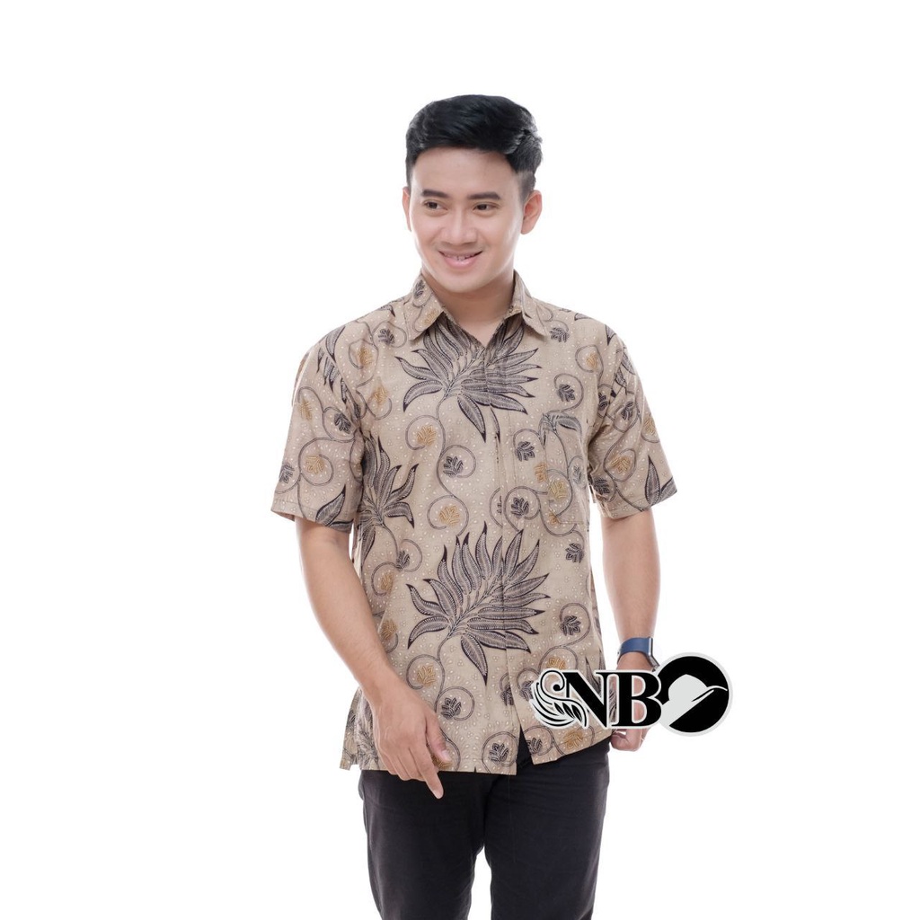 Batik Pria Lengan Pendek BATIK MURAH HRB026 motif TERBARU 2021 Kode 002 size M L XL XXL BIG SIZE 3L 4L 5L 6L Reguler Fit-Alam krem