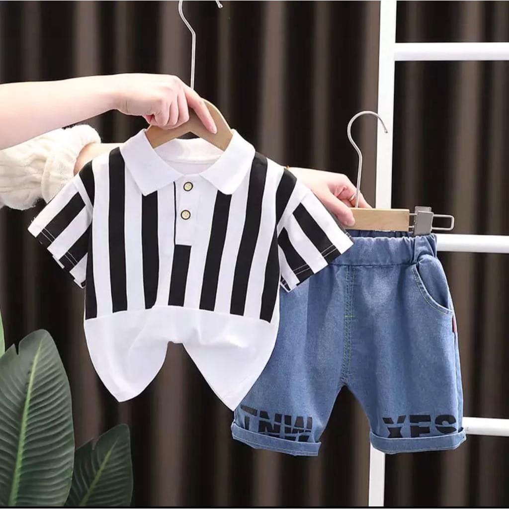 SETELAN ANAK BAJU ANAK PAKAIAN ANAK LAKI LAKI PERMPUAN SETELAN KRAH SALUR DENIM 1-5 TAHUN