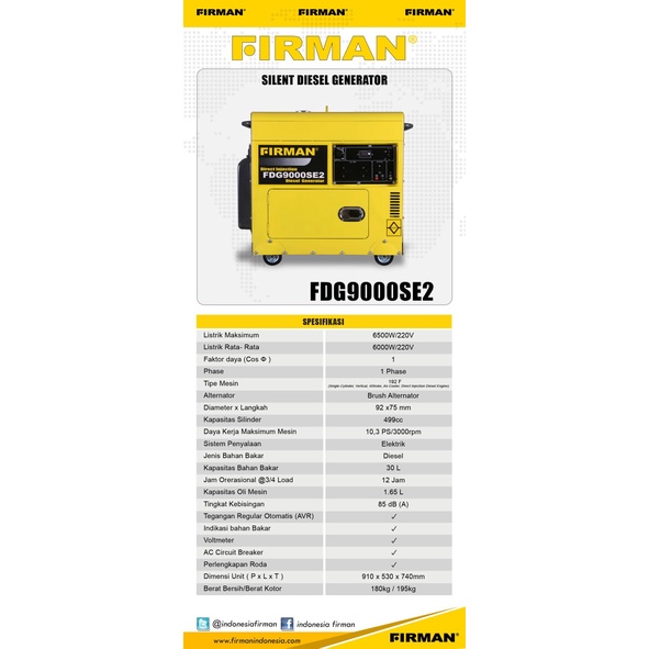 Genset Silent Diesel FIRMAN FDG9000SE2 6500Watt / Generator Silent  FDG 9000 SE2 6500 Watt