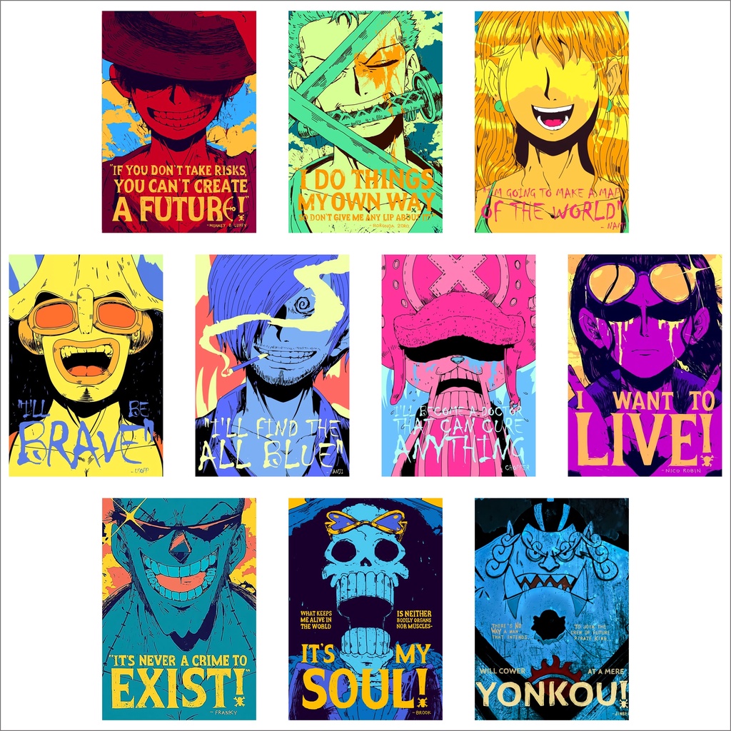 Poster A4 Anime One Piece - Karakter Mugiwara Kru Luffy Zoro Sanji Nami Usopp Chopper Robin Franky Robin Jinbei