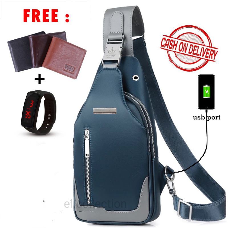 Tas Selempang Pria Murah Anti Air - Leo Bag Hitam, Navy dan Abu bonus Dompet + Jam Tangan LED/Headset